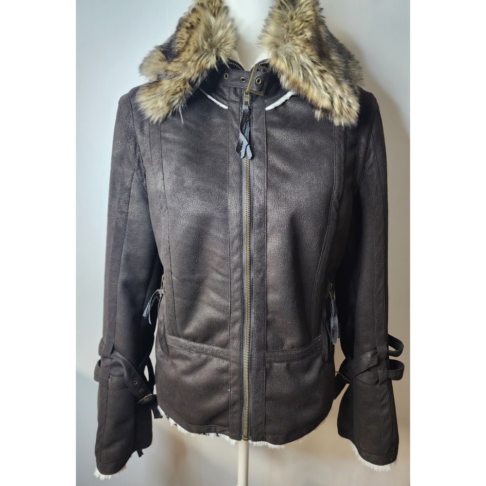 Montanaco Women's Dark Brown Faux Fur‎ Trim Suede Jacket - Size Medium